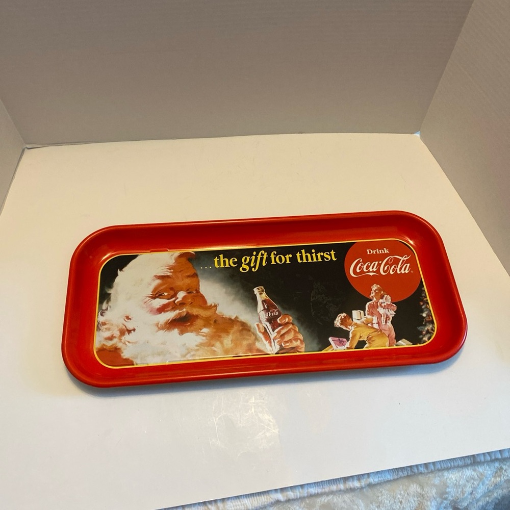 Drink Coca-Cola the gift for thirst Santa metal serving tray 8 1/2 x 19” vintage